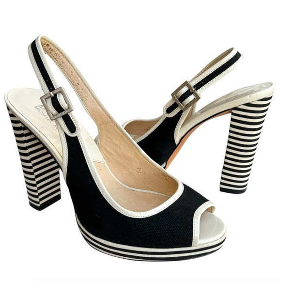 Michael Michael Kors Platform Slingback Peep Toe Heels Black White Striped 8M - Picture 1 of 8